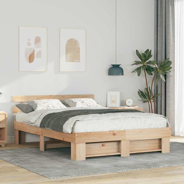 vidaXL Bed Frame with Headboard Brown 140 x 200 cm Solid Pine Wood
