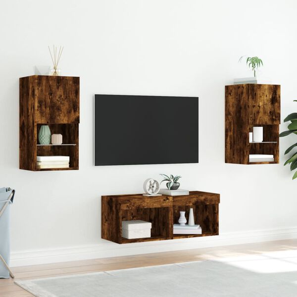 vidaXL 4 Piece TV Wall Cabinets with LED Lights Smoked Oak