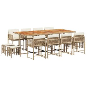 vidaXL 13 Piece Garden Dining Set with Cushions Beige Poly Rattan