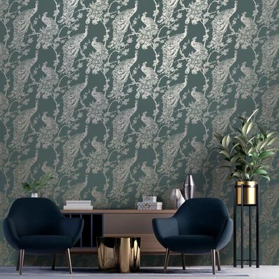 DUTCH WALLCOVERINGS Wallpaper Peacock Green and Silver