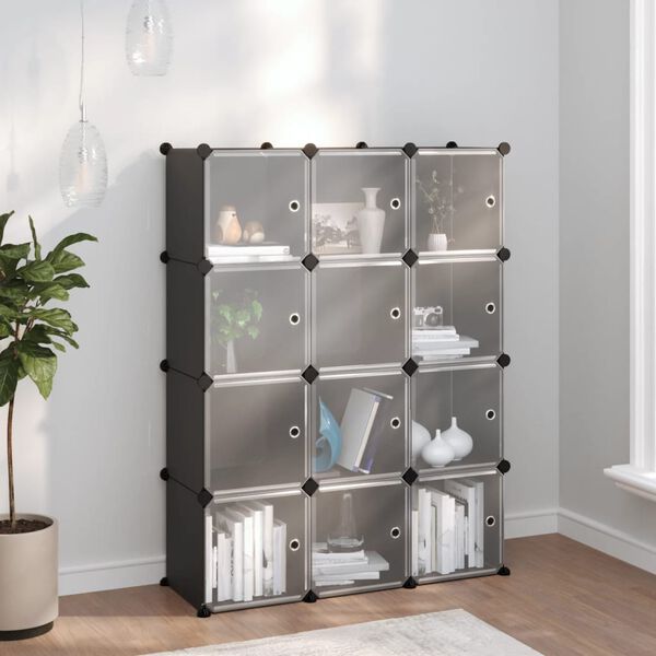 vidaXL Storage Cube Organiser with 12 Cubes and Doors Black PP