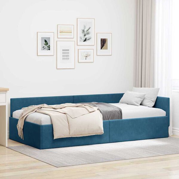 vidaXL Corner Bed Frame with Headboard Blue 100 cm x 200 cm Velvet