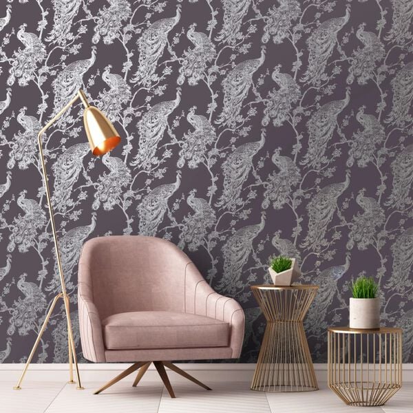 DUTCH WALLCOVERINGS Wallpaper Peacock Purple and Silver