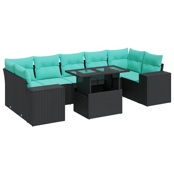 vidaXL 8 Piece Garden Sofa Set with Cushions Black Poly Rattan Acacia