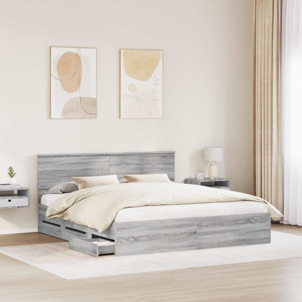vidaXL Bed Frame with Drawer Grey Sonoma 200 x 200 cm Engineer Wood