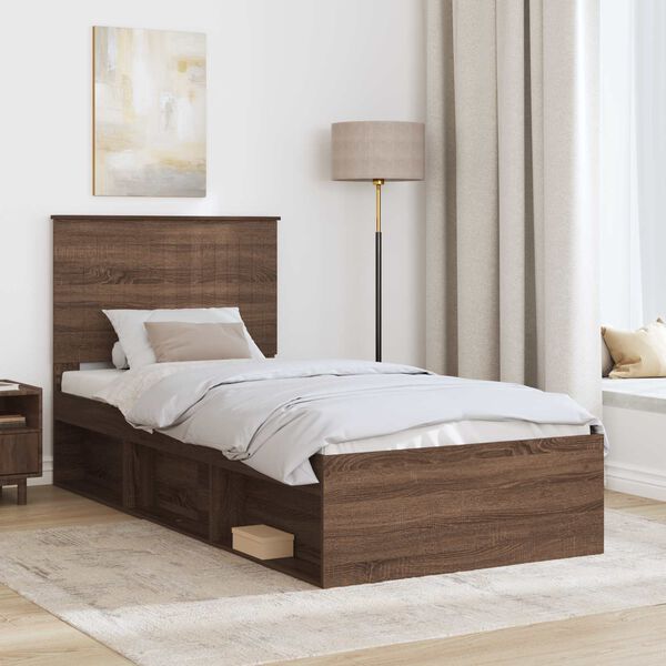 vidaXL Bed Frame with Headboard Brown Oak 90 x 190 cm Solid Pine Wood