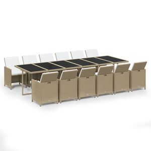 vidaXL 13 Piece Garden Dining Set with Cushions Poly Rattan Beige