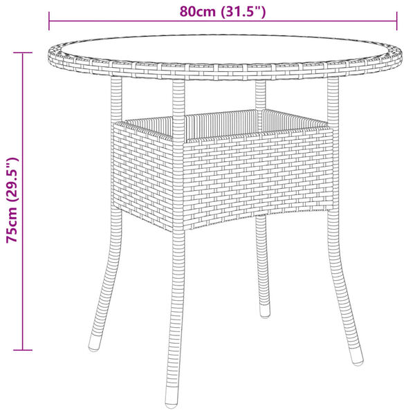 vidaXL Garden Table Ø80x75 cm Tempered Glass and Poly Rattan Brown