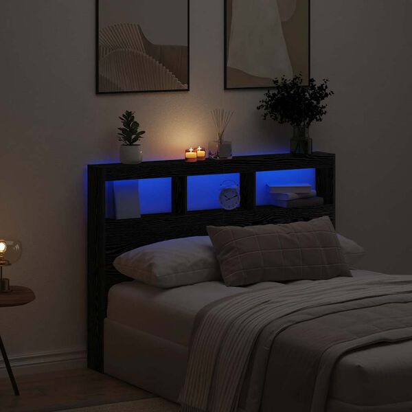 vidaXL Headboard Cabinet with LED Black Oak 140x17x102 cm