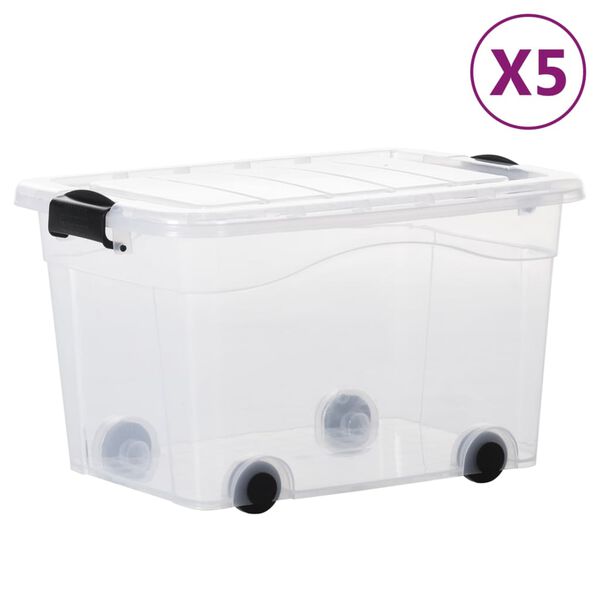 vidaXL Storage Boxes with Wheels & Lids 5 pcs Transparent 40 L