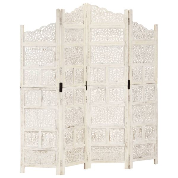 vidaXL Hand carved 4-Panel Room Divider White 160x165 cm Solid Mango Wood