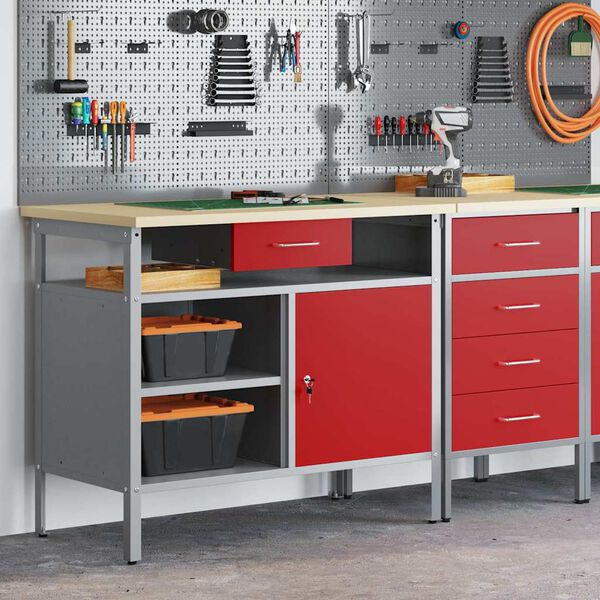 vidaXL Work Bench with Drawer with Shelf Red and Grey 100 x 55 x 85 cm