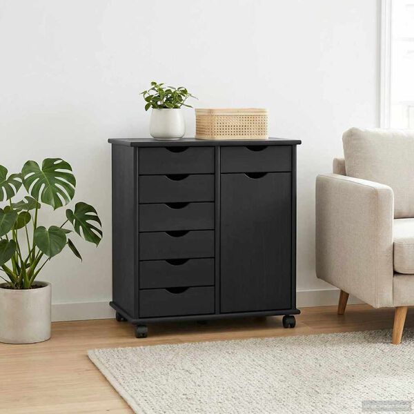 vidaXL Rolling Cabinet Black 63.5 x 39 x 65.5 cm Solid Pine Wood