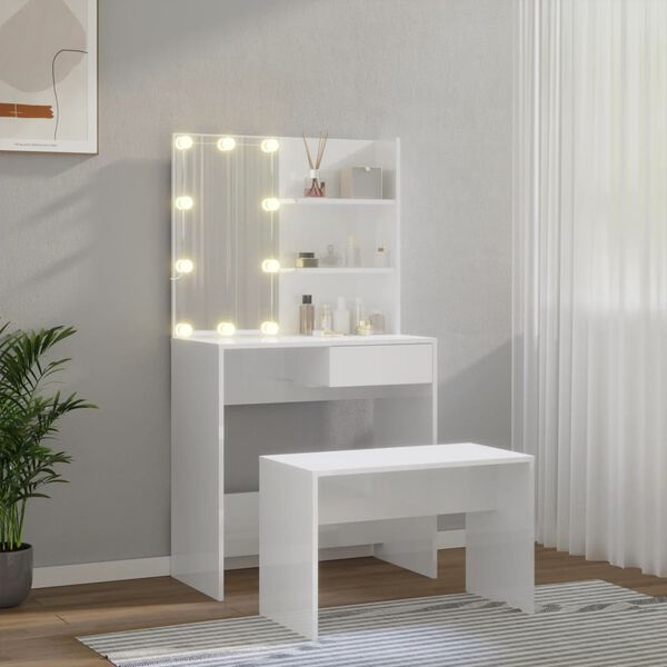 vidaXL Dressing Table Set with LED High Gloss White Engineered Wood