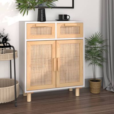 vidaXL Sideboard White 60x30x75 cm Solid Wood Pine and Natural Rattan