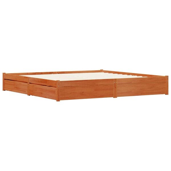 vidaXL Bed Frame with Drawer Wax Brown 200 x 200 cm Solid Pine Wood