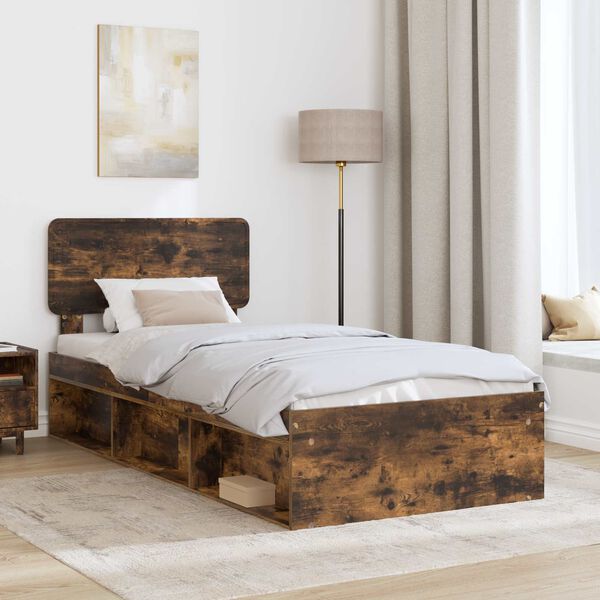 vidaXL Bed Frame with Headboard Smoked Oak 75 x 190 cm Solid Pine Wood