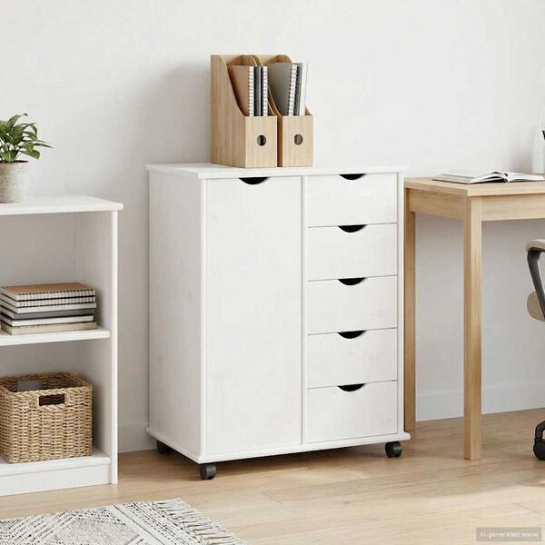 vidaXL Rolling Cabinet White 63.5 x 39 x 79 cm Solid Pine Wood