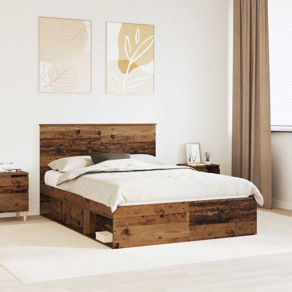 vidaXL Bed Frame with Headboard Old Wood 135 x 190 cm Solid Pine Wood