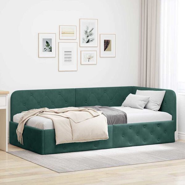 vidaXL Corner Bed Frame with Headboard Dark Green 90 x 200 cm Velvet