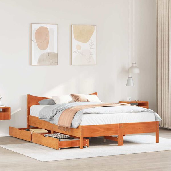 vidaXL Bed Frame with Drawers Wax Brown 140x190 cm Solid Wood Pine