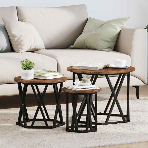 vidaXL Nesting Side Table 3 pcs Smoked Oak Engineered Wood and Steel