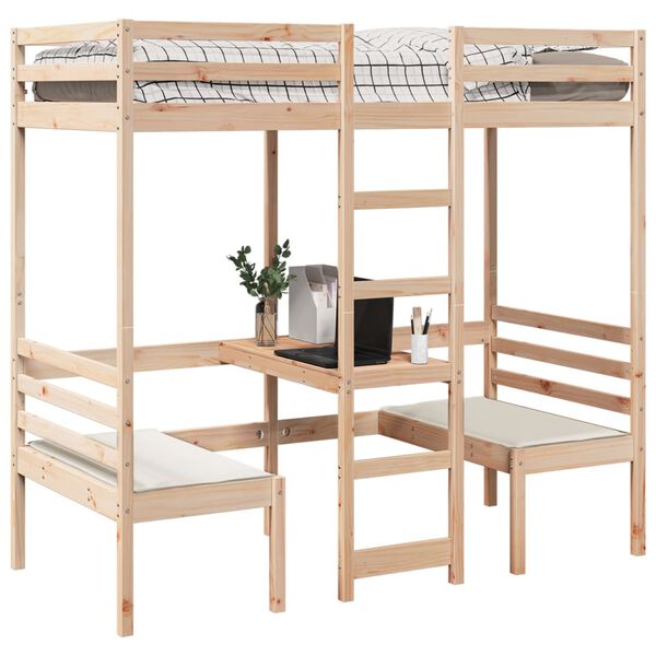 vidaXL Loft Bed Frame with Desk and Chairs 80x200cm Solid Wood Pine