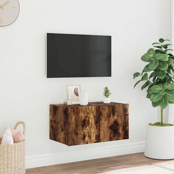 vidaXL TV Wall Cabinet with LED Lights Smoked Oak 60x35x31 cm