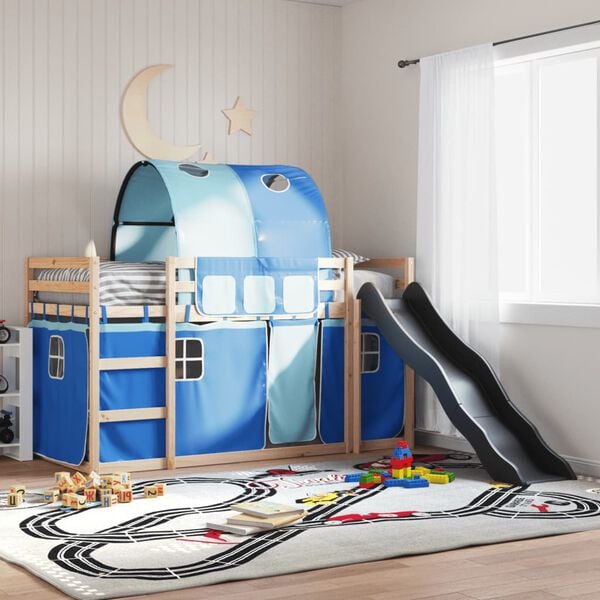 vidaXL Bunk Bed without Mattress with Slide and Curtains Blue 90x190 cm Single