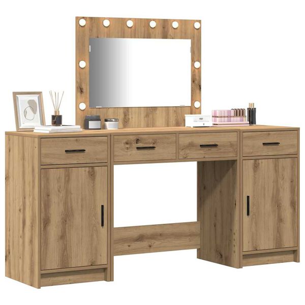 vidaXL Dressing Table with Mirror Lights 3 pcs Brown Engineered Wood