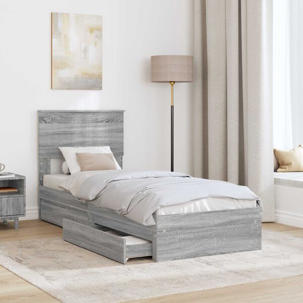 vidaXL Storage Bed with Drawer Grey Sonoma 75 x 190 cm Engineered Wood