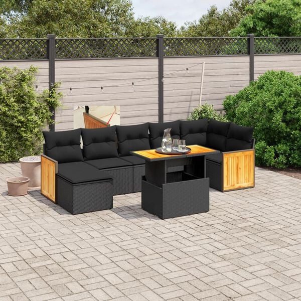 vidaXL 8 Piece Garden Sofa Set with Cushions Black Poly Rattan Acacia