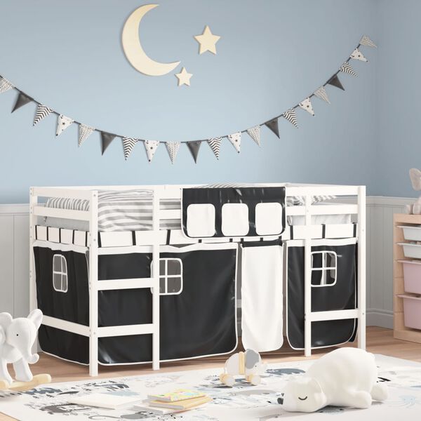 vidaXL Kids' Loft Bed with Curtains without Mattress White&Black 80x200cm