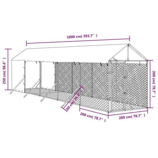vidaXL Outdoor Dog Kennel with Roof Silver 2x10x2.5 m Galvanised Steel