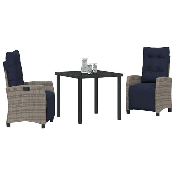vidaXL Garden Dining Set with Cushion 3 pcs Grey Poly Rattan
