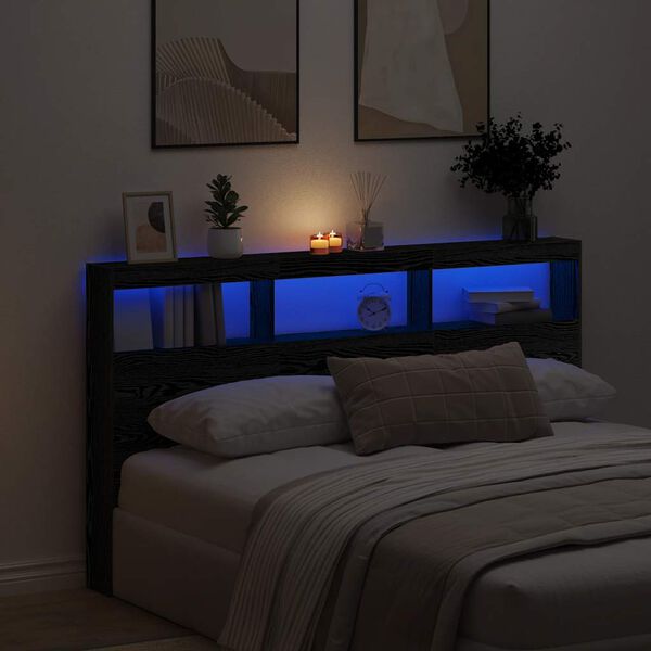 vidaXL Headboard Cabinet with LED Black Oak 180x17x102 cm
