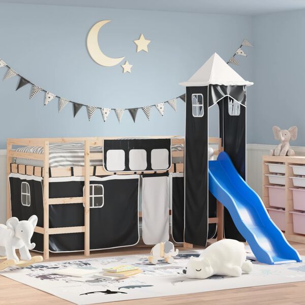 vidaXL Kids' Loft Bed with Tower without Mattress White&Black 90x200cm