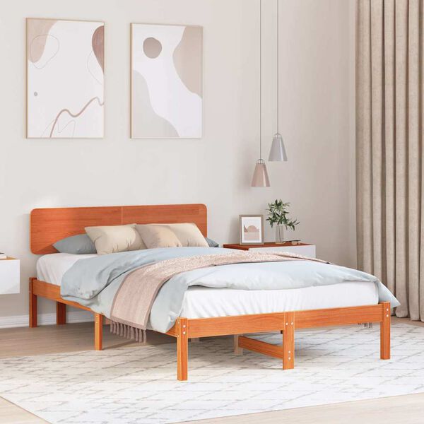 vidaXL Bed Frame with Headboard Wax Brown 140 x 190 cm Solid Pine Wood