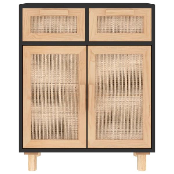 vidaXL Sideboard Black 60x30x75 cm Solid Wood Pine and Natural Rattan