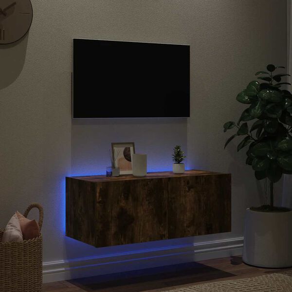 vidaXL TV Wall Cabinet with LED Lights Smoked Oak 80x35x31 cm