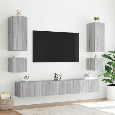 vidaXL 6 Piece TV Wall Cabinets with LED Lights Grey Sonoma