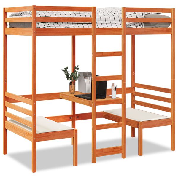 vidaXL Loft Bed Frame with Desk and Chairs Wax Brown 90x200cm Solid Wood Pine