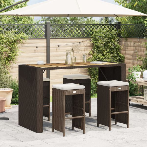 vidaXL Garden Bar Stools with Cushions 4 pcs Brown Poly Rattan
