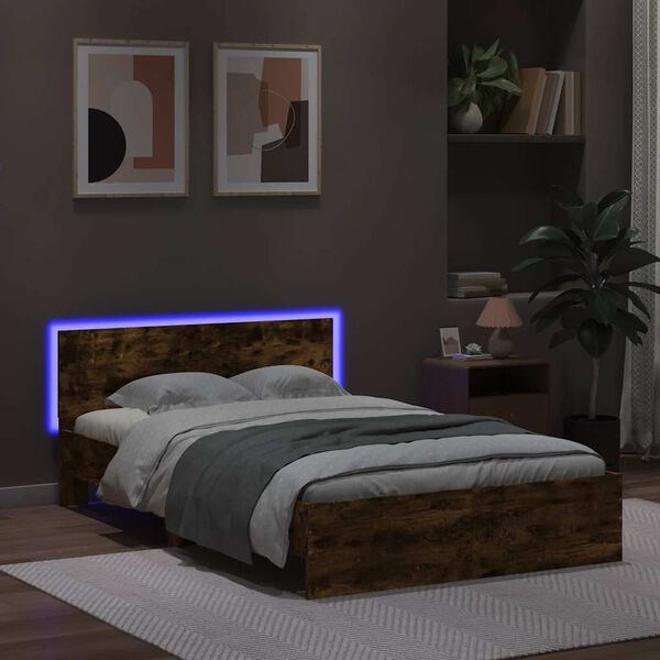 vidaXL Bed Frame with Headboard and LED Smoked Oak 140x200 cm