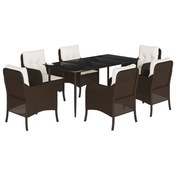 vidaXL 7 Piece Garden Dining Set with Cushions Brown Poly Rattan