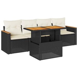 vidaXL 5 Piece Garden Sofa Set with Cushions Black Poly Rattan Acacia
