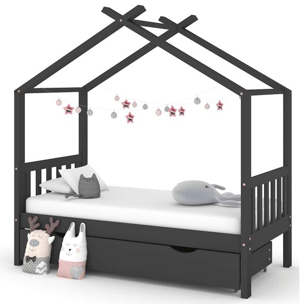 vidaXL Kids Bed Frame with a Drawer Dark Grey Solid Pine Wood 80x160cm