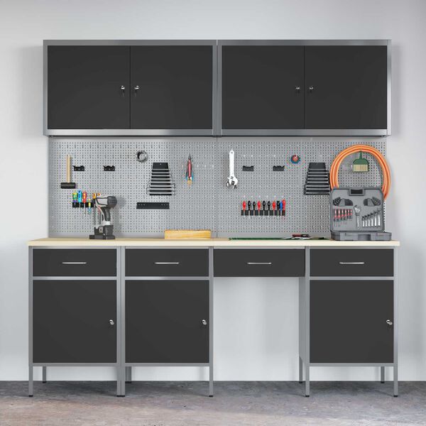 vidaXL Work Bench with Drawer 10 pcs Black 200 x 55 x 200 cm Steel