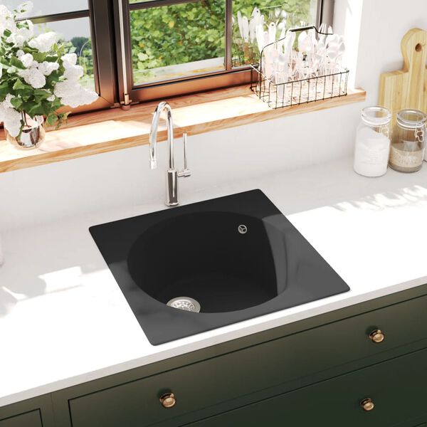 vidaXL Kitchen Sink with Overflow Hole Black Granite