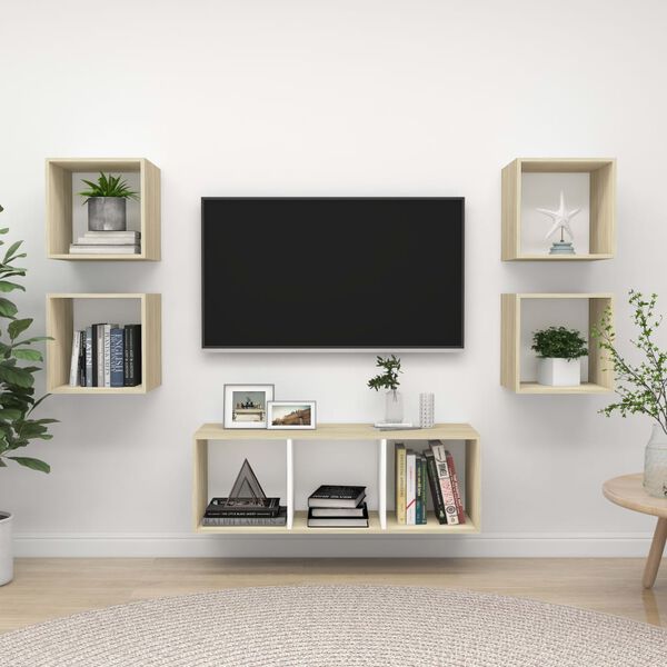 vidaXL 5 Piece TV Cabinet Set White and Sonoma Oak Engineered Wood